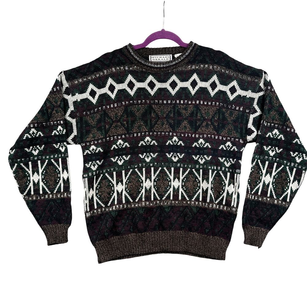 VTG 90s Sweater L Grandpa Jumper Chunky Kurt Cobain Barnaby Grunge Abstract Busy